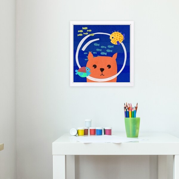 Wynwood Studio 'Scubacat' Animals Framed Wall Art Print - Orange, Blue - 13 x 13