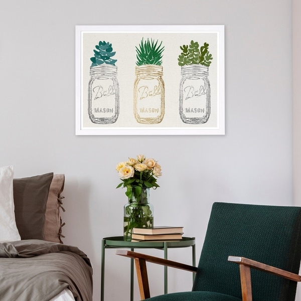 Wynwood Studio 'Mason Jars and Succulents' Floral and Botanical Framed Wall Art Print - Green, Gray - 19 x 13