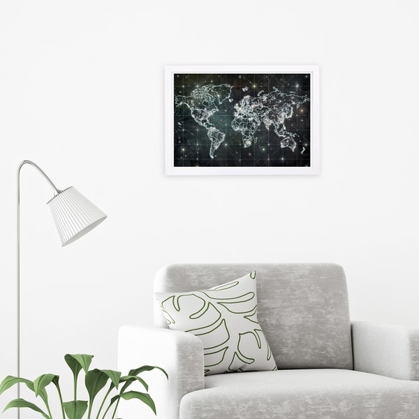 Wynwood Studio 'Mapamundi Galaxy' Maps and Flags Framed Wall Art Print - Black, White - 19 x 13