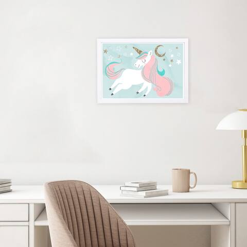 Wynwood Studio 'Unicorn and the Moon' Fantasy and Sci-Fi Framed Wall Art Print - Pink, Gold