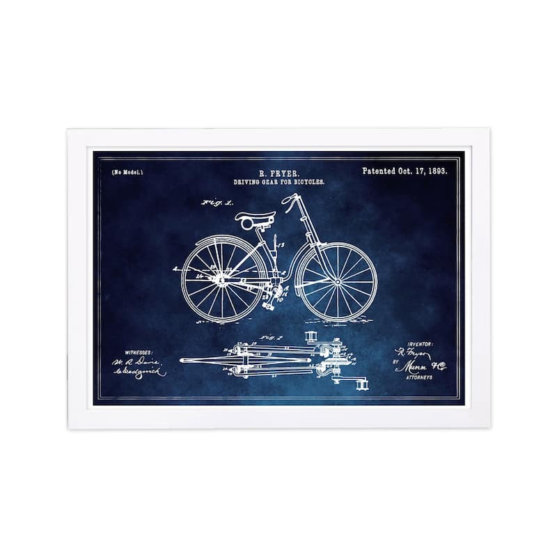Wynwood Studio 'Fryer Driving Gear for Bicycle 1893 Horizontal Chalkboard ' Transportation Framed Wall Art Print - Blue, White