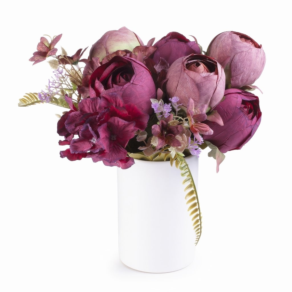 Enova Home Artificial Purple Fake Peony and Silk Hydrangea Flowers Arrangement in Ceramic Vase for Home Wedding Decoration - N/A