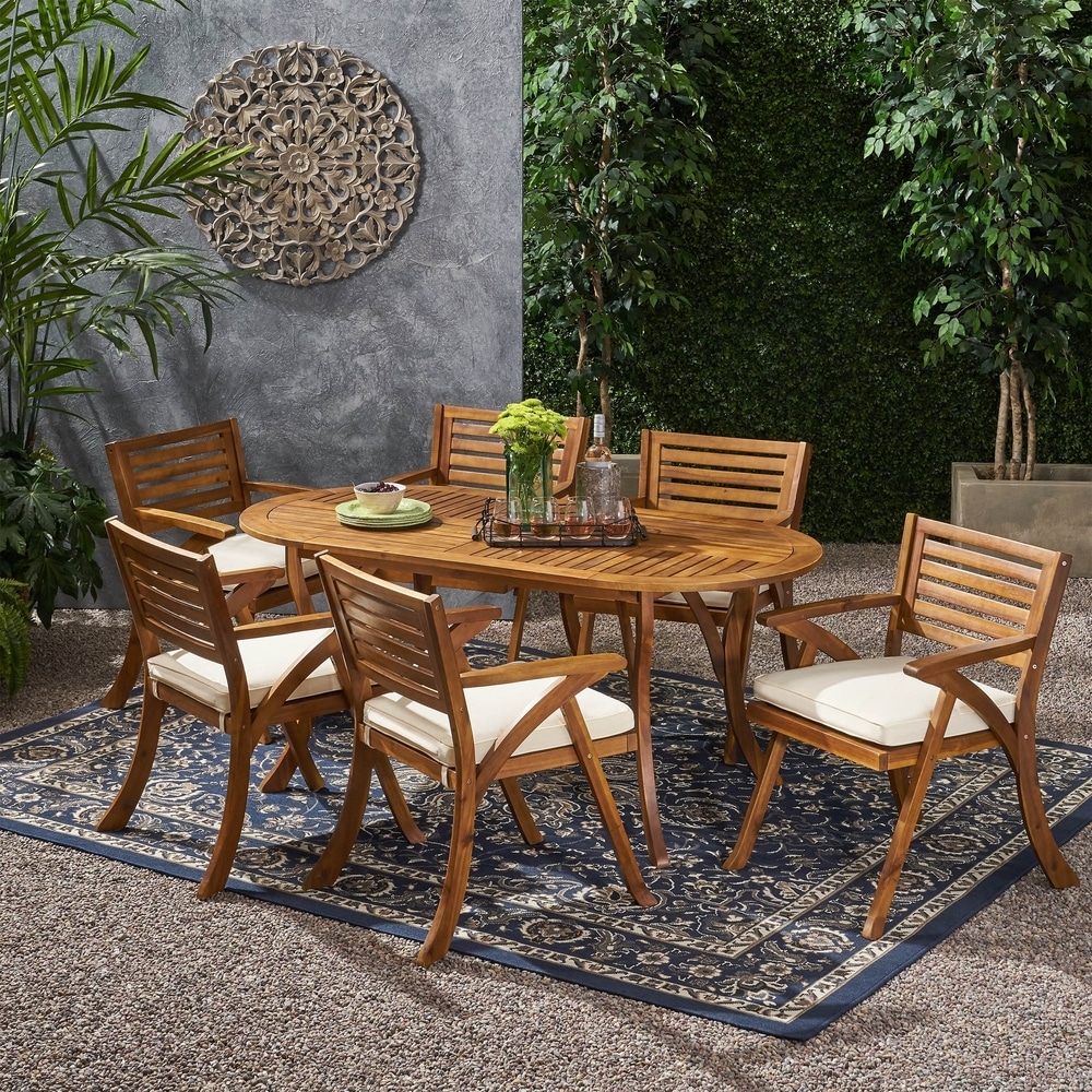 Hermosa Outdoor 6 Seater Acacia Wood Oval Dining Set with Cushions by Christopher Knight Home