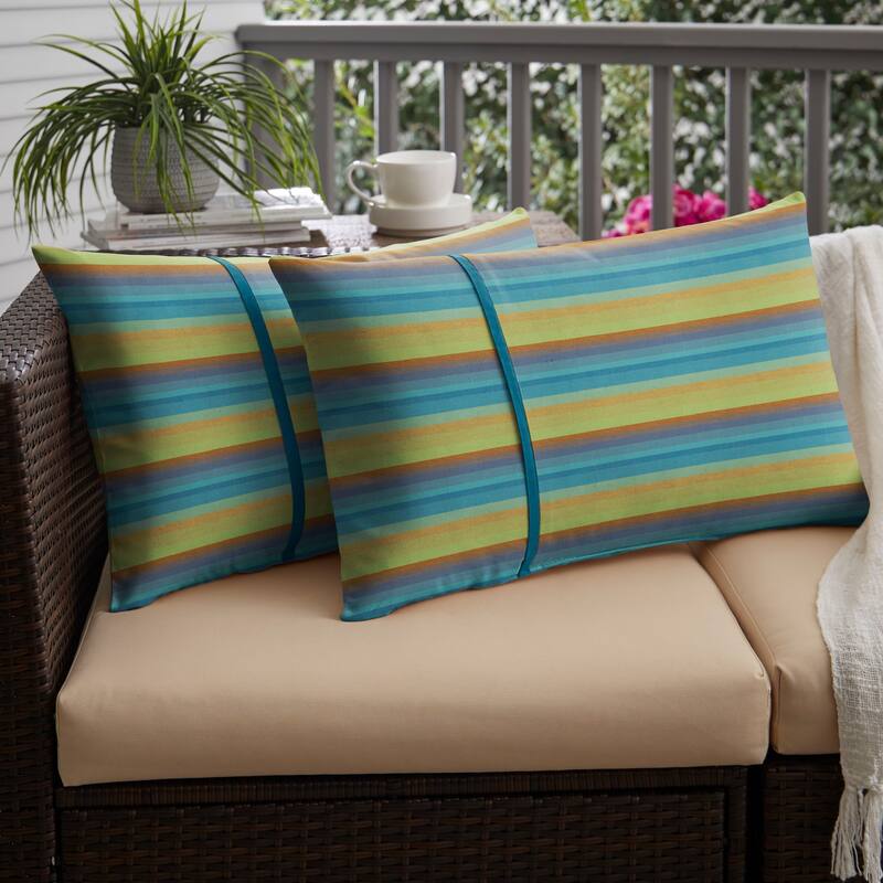 Blue Stripe with Peacock Blue Indoor / Outdoor Lumbar Pillows Set of 2 - 16 in H x 26 in W