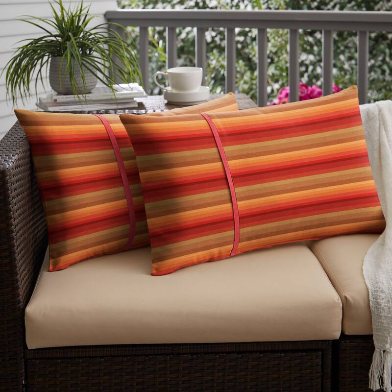 Red Stripe with Texured Red Indoor / Outdoor Lumbar Pillows Set of 2 - 16 in H x 26 in W