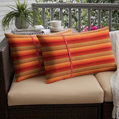 Red Stripe with Texured Red Indoor / Outdoor Lumbar Pillows Set of 2 - 16 in H x 26 in W