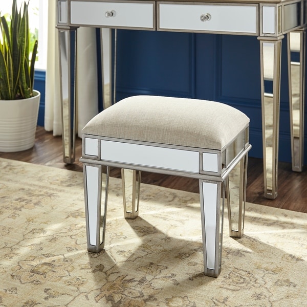 Silver Orchid Kanis Glam Silver Mirror Ottoman Vanity Stool