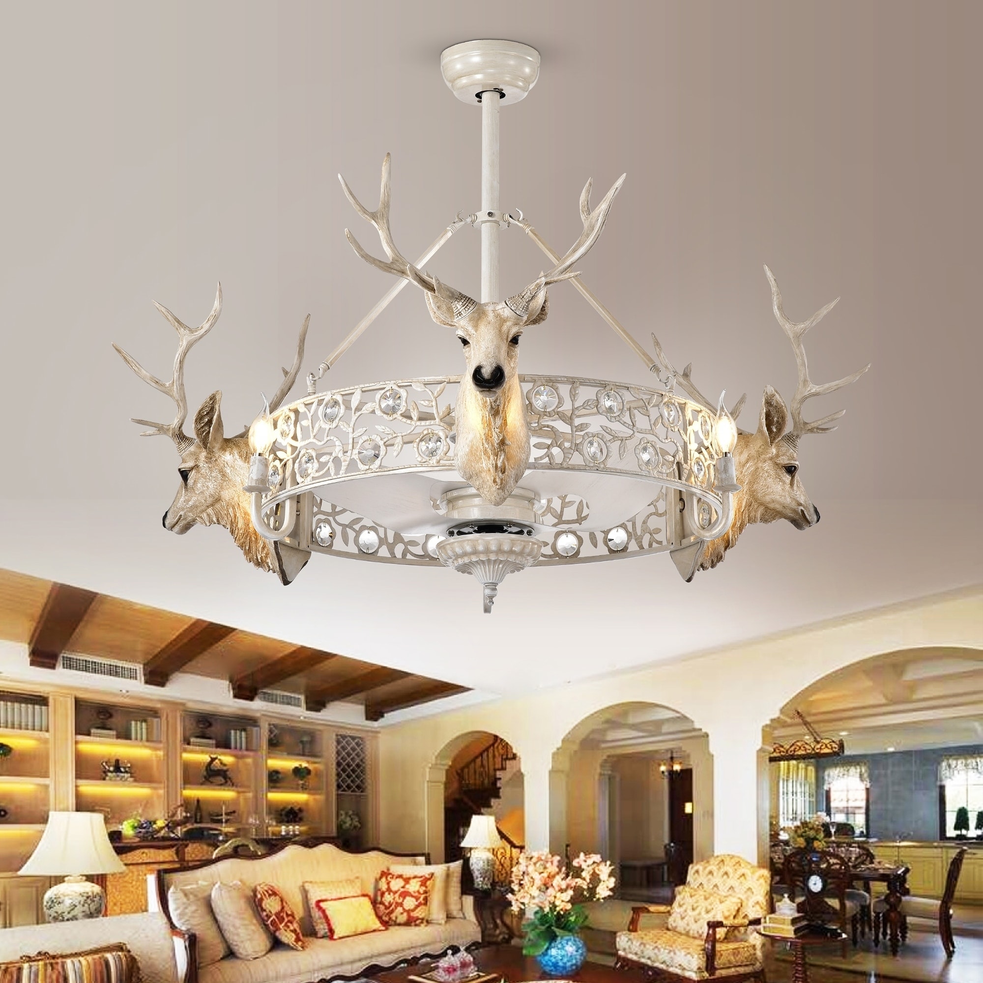 Deer Head Fandelier Led Lighted Ceiling Fan With Remote Control Includes Bulbs