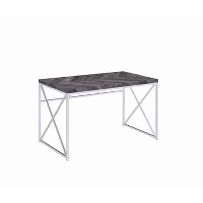 Herringbone Pattern Wooden Writing Desk with Metal Base, Gray and silver