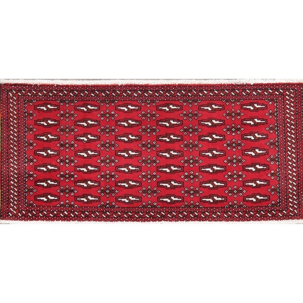 Geometric Red Bokhara Oriental Wool Area Rug - 4' 2'' X 1' 11''