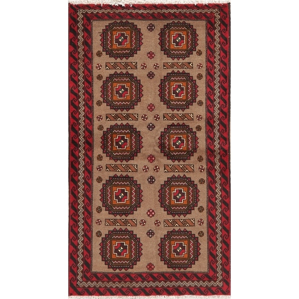 Brown Geometric Balouch Afghan Oriental Wool Area Rug - 3' 4'' X 6' 2''