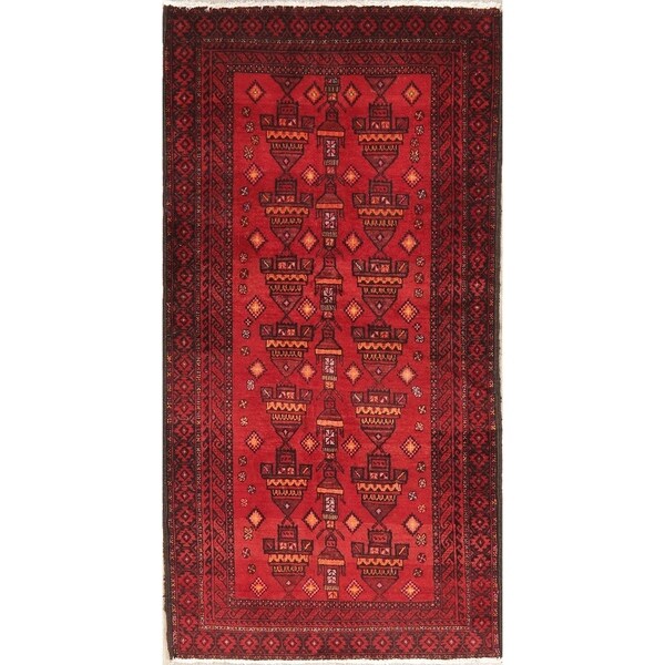Geometric Red Balouch Oriental Wool Prayer Area Rug - 2' 10'' X 5' 8''