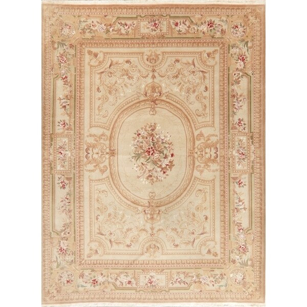 Vintage Floral Aubusson Chinese Oriental Wool Area Rug - 8' 6'' X 11' 2''