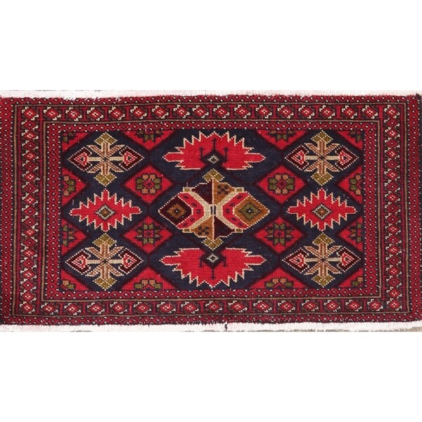 Vintage Geometric Balouch Afghan Oriental Wool Area Rug - 3' 2'' X 1' 8''