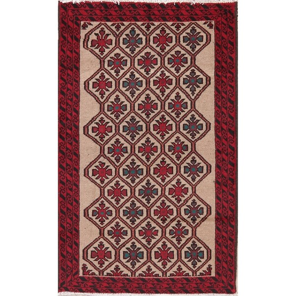 Geometric Ivory Balouch Afghan Oriental Wool Area Rug - 3' 6'' X 5' 8''