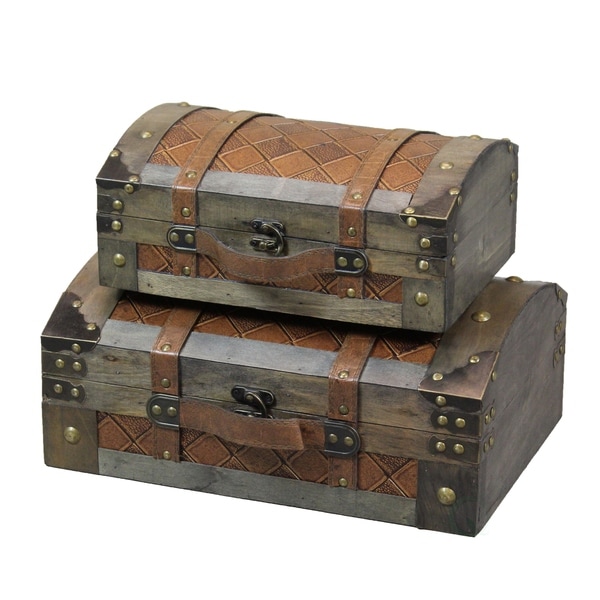 Set of 2 Rustic Gray Vintage Luggage Style Wooden Treasure Chests