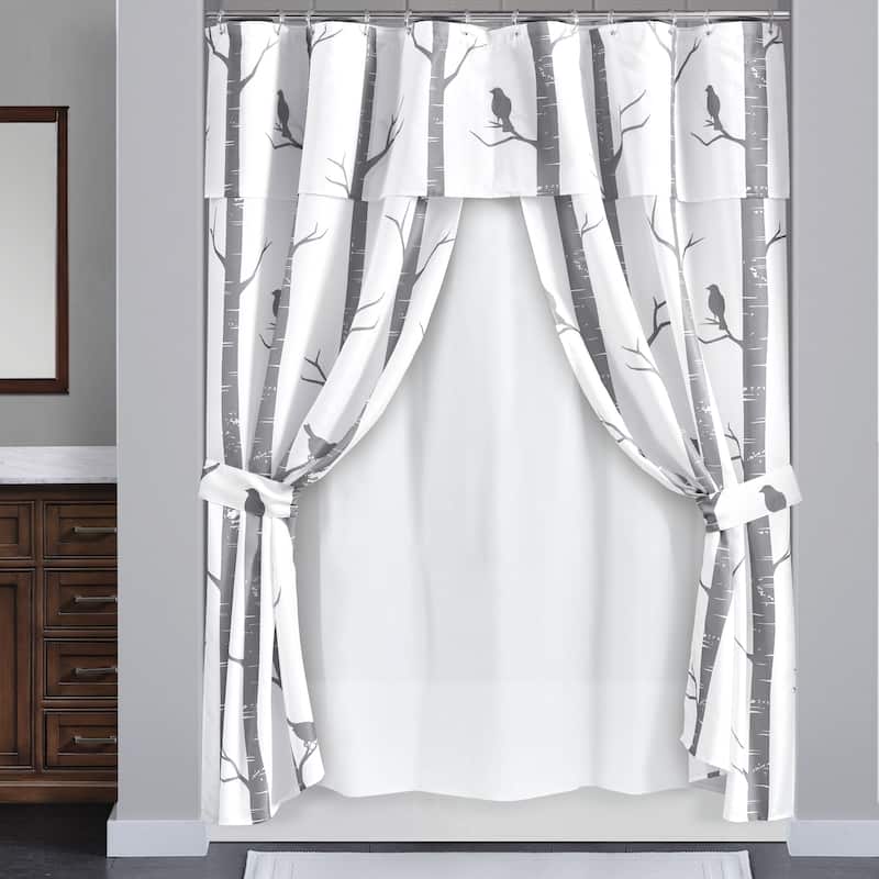 Lush Decor Bird On The Tree 16 Piece Swag Shower Curtain Set - Gray