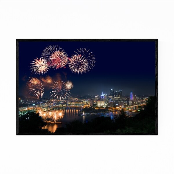 Noir Gallery Pittsburgh Skyline Fireworks Framed Art Print