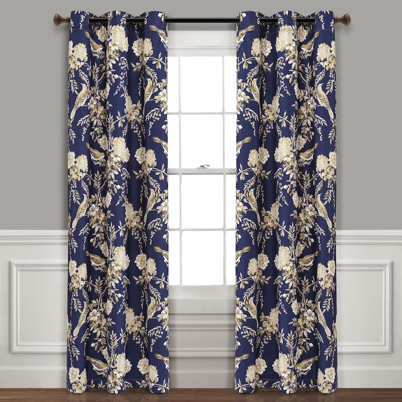 Lush Decor Farmhouse Bird And Flower Insulated Grommet Blackout Window Curtain Panel Pair - 95 Inches - Navy & Taupe