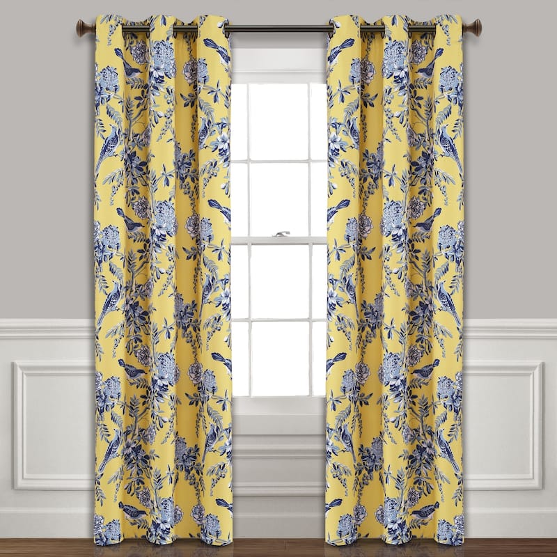 Lush Decor Farmhouse Bird And Flower Insulated Grommet Blackout Window Curtain Panel Pair - 84 Inches - Yellow & Blue