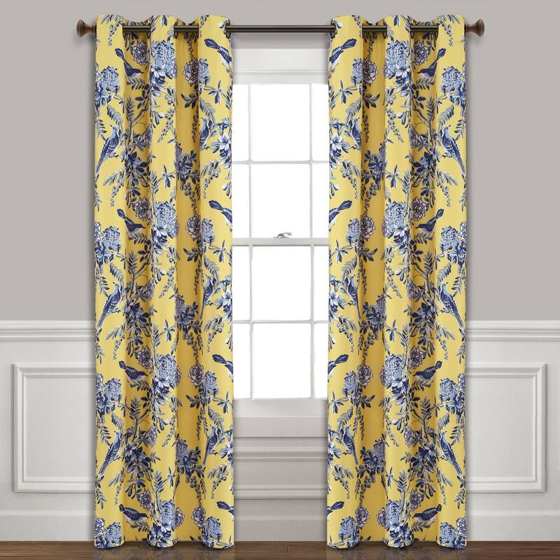 Lush Decor Farmhouse Bird And Flower Insulated Grommet Blackout Window Curtain Panel Pair - 84 Inches - Yellow & Blue