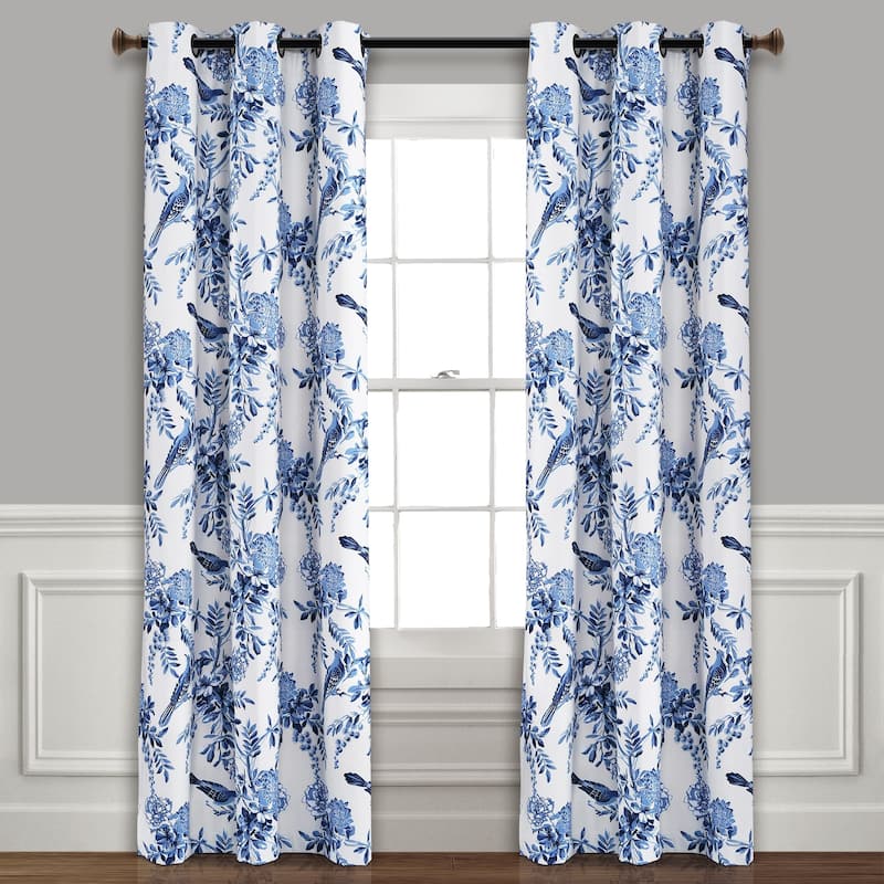 Lush Decor Farmhouse Bird And Flower Insulated Grommet Blackout Window Curtain Panel Pair - 95 Inches - White & Blue