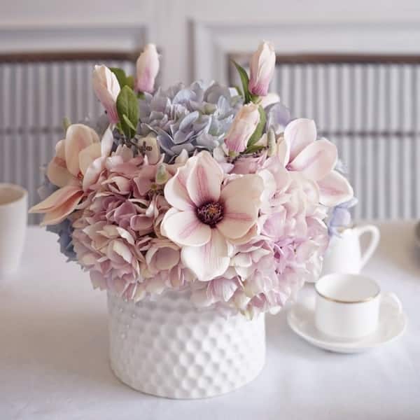 Faux Hydrangea And Magnolia Flower Arrangement In White Ceramic Vase Overstock 28944616