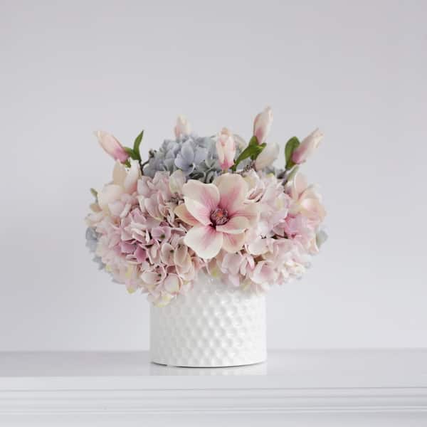 Faux Hydrangea And Magnolia Flower Arrangement In White Ceramic Vase Overstock 28944616