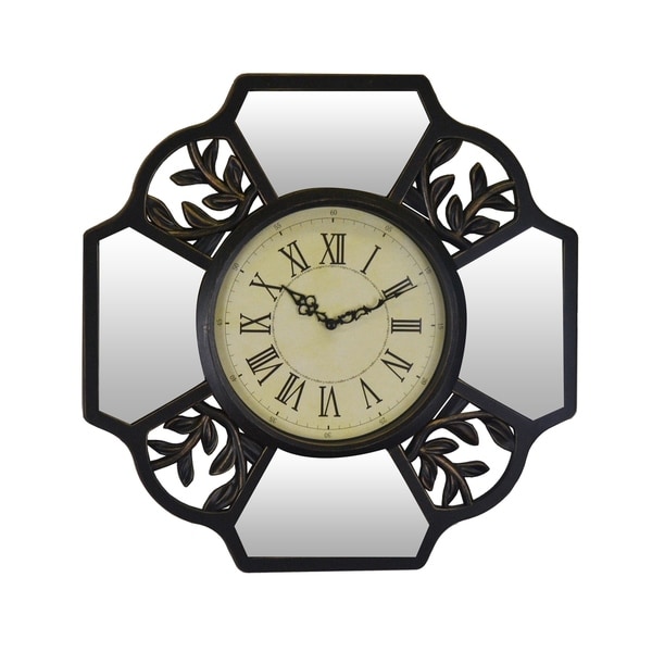Leaves & Mirror Brown Wall Clock Roman Numerals, Vintage Style Nature Wall Art Home or Office Decor