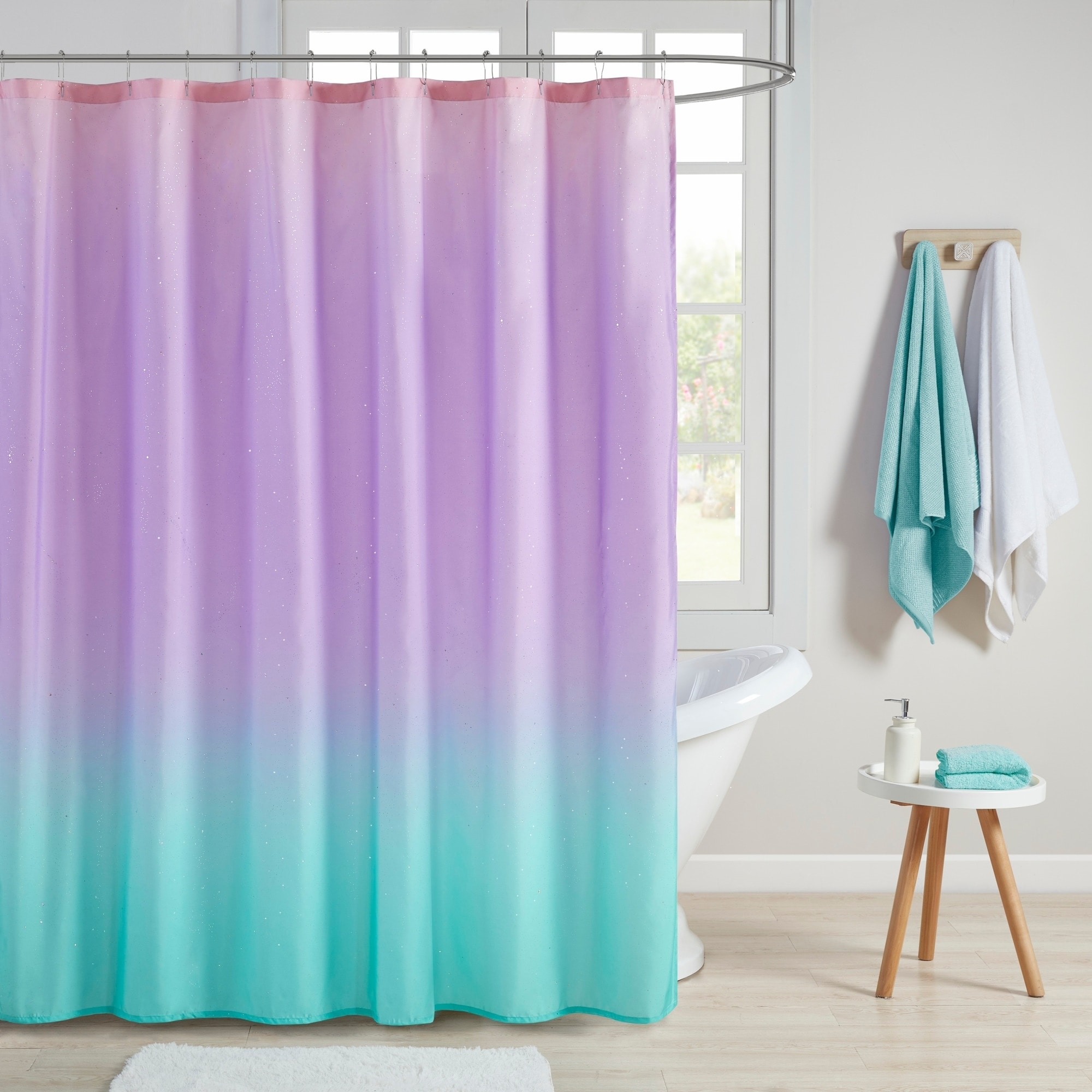 Mi Zone Sparkle Aqua Ombre Printed Glitter Shower Curtain On