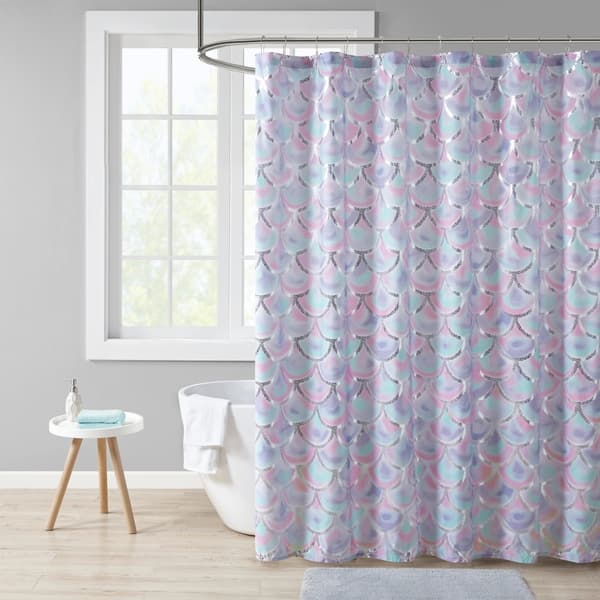 slide 1 of 4, Mi Zone Phoebe Aqua/Purple Metallic Printed Shower Curtain