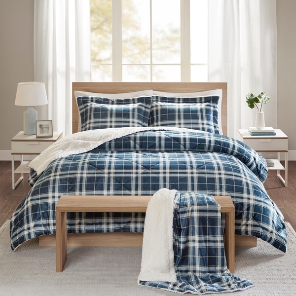 Comfort Spaces Garret Navy Plaid Print Sherpa Comforter Set with Throw ...