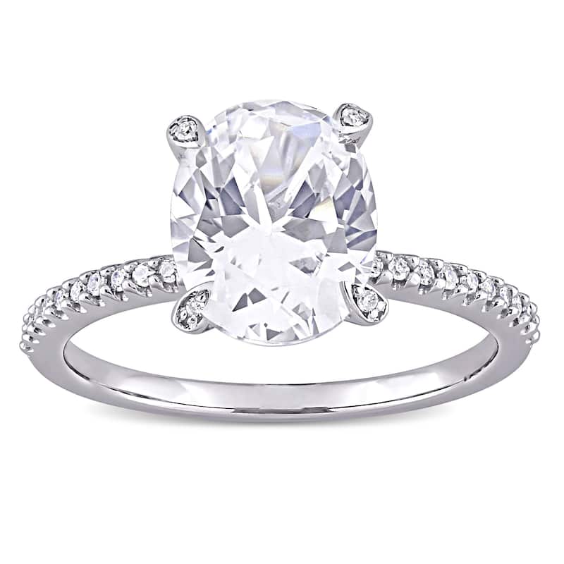 Miadora 10k White Gold Oval-Cut Created White Sapphire and 1/10ct TDW Diamond Engagement Ring