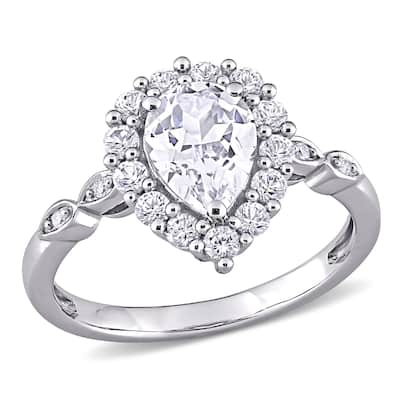 Miadora 10k White Gold 2 3/8ct TGW Created White Sapphire and Diamond Teardrop Halo Engagement Ring