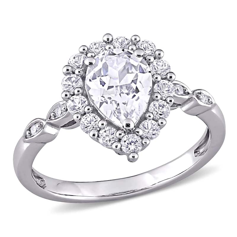 Miadora 10k White Gold 2 3/8ct TGW Created White Sapphire and Diamond Teardrop Halo Engagement Ring