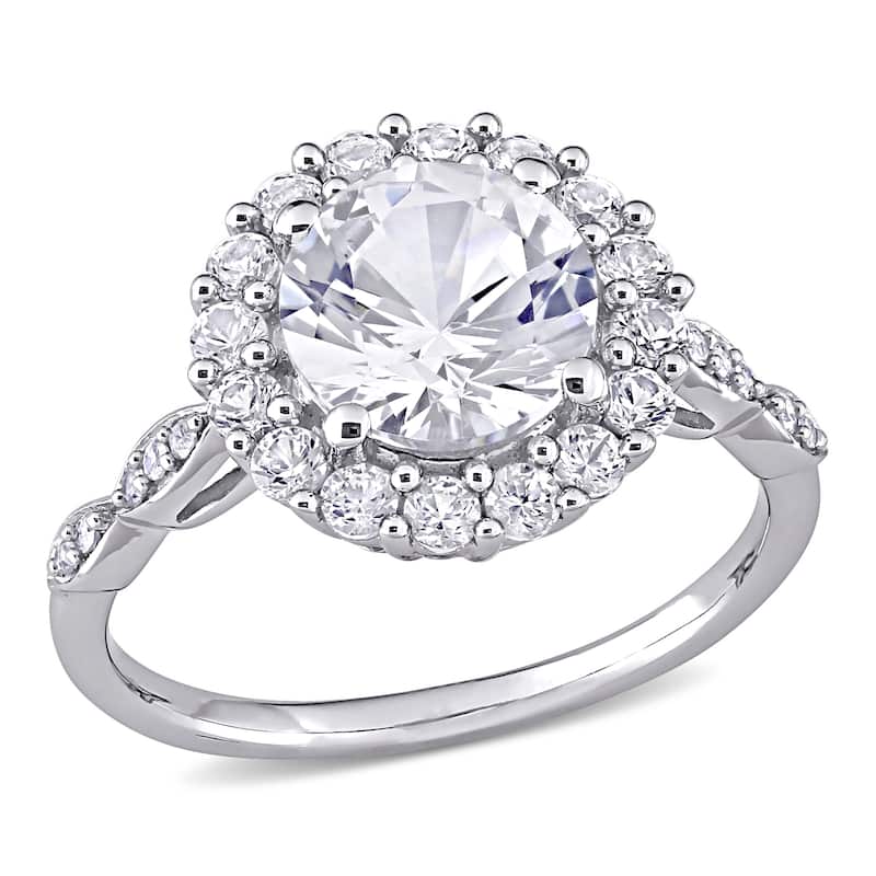 Miadora 10k White Gold 3 1/5ct Created White Sapphire and Diamond Round Halo Engagement Ring