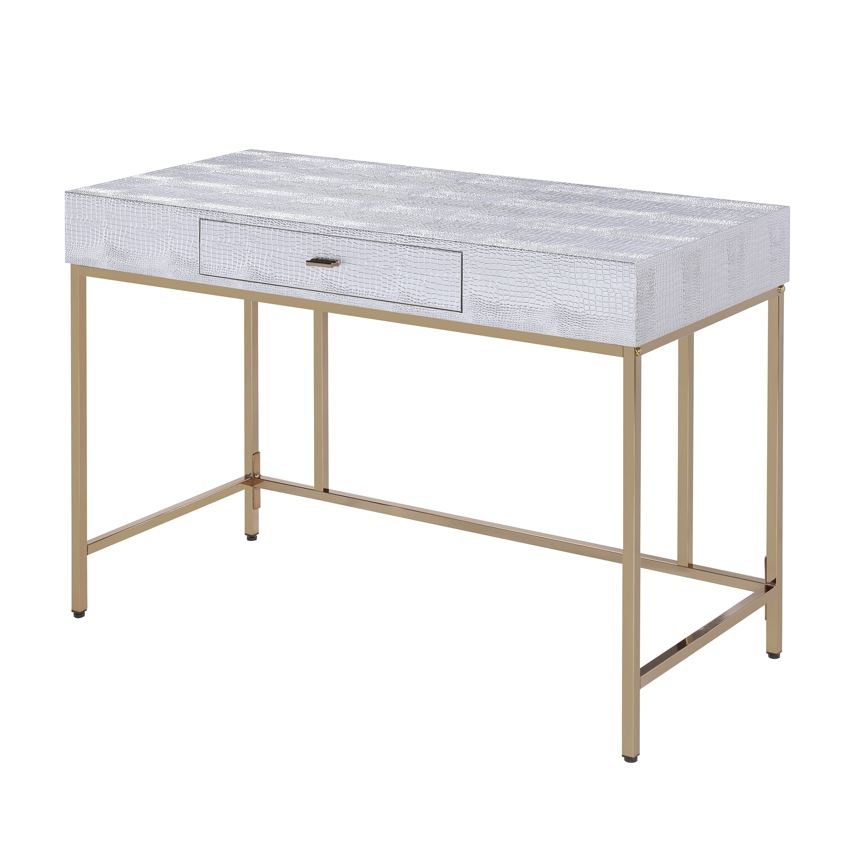 Leatherette Upholstered Vanity Desk With Metal Base And Floor Protectors Silver And Gold On Sale Overstock 28956828