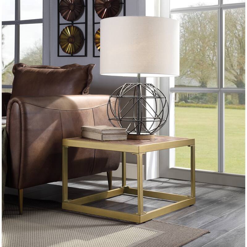 Retro Style Metal Frame End Table with Stitched Leather Top, Brown and Gold