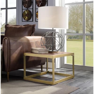 Retro Style Metal Frame End Table with Stitched Leather Top, Brown and Gold