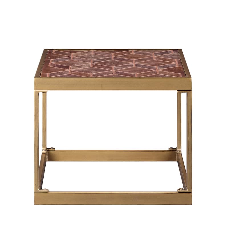 Retro Style Metal Frame End Table with Stitched Leather Top, Brown and Gold