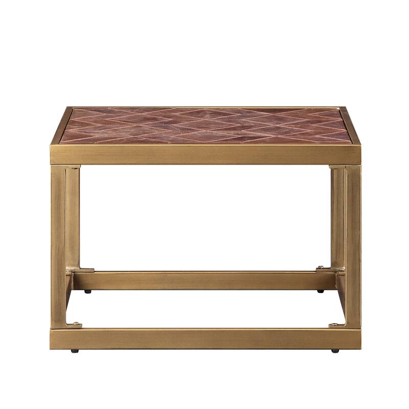 Retro Style Metal Frame End Table with Stitched Leather Top, Brown and Gold