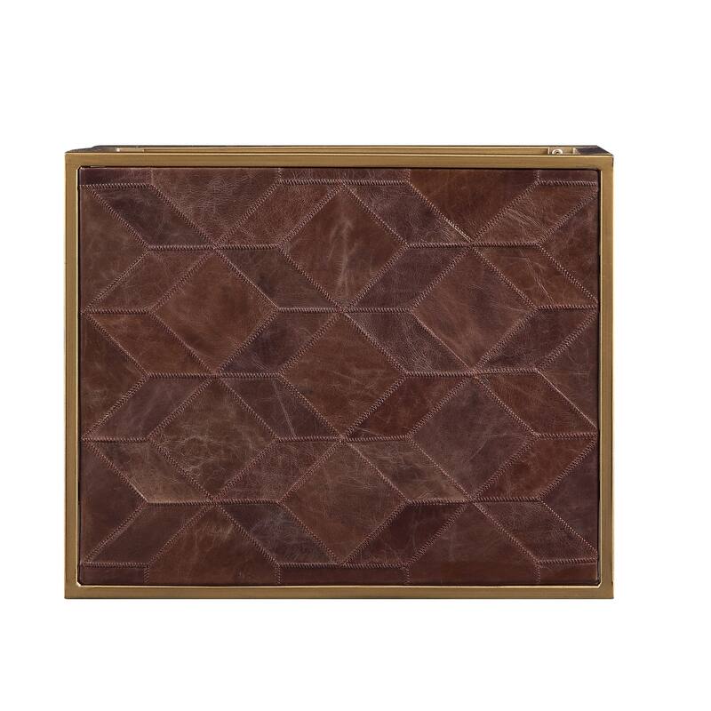 Retro Style Metal Frame End Table with Stitched Leather Top, Brown and Gold