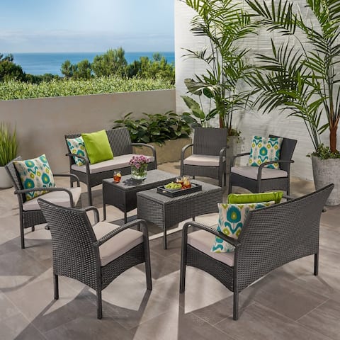 Cordoba Outdoor 8 Seater Wicker Chat Set with Cushions by Christopher Knight Home