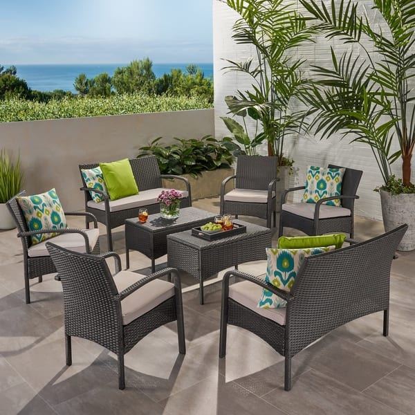slide 1 of 22, Cordoba Outdoor 8 Seater Wicker Chat Set with Cushions by Christopher Knight Home