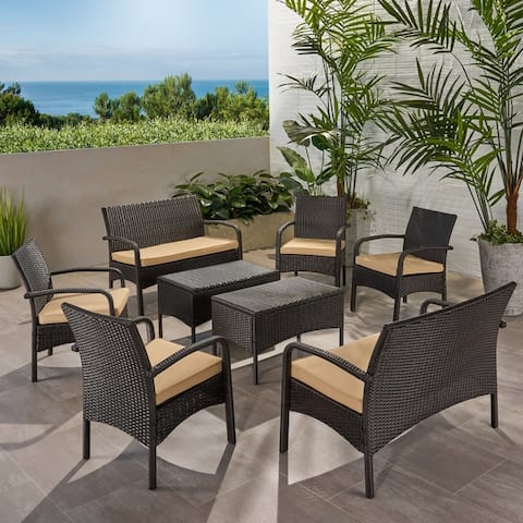 Cordoba Outdoor 8 Seater Wicker Chat Set with Cushions by Christopher Knight Home