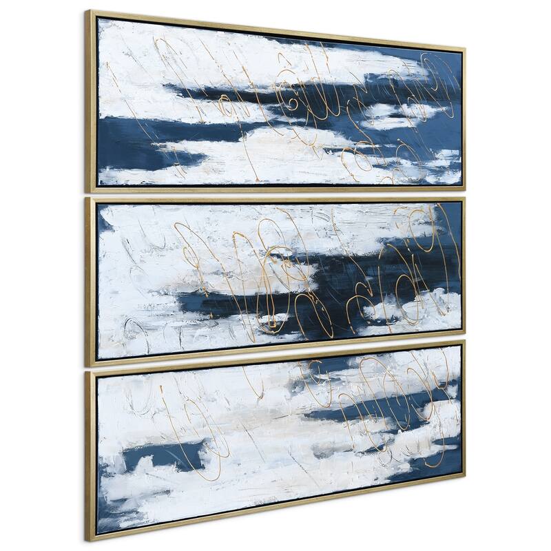 Blue Abstract Triptych Set Textured Metallic Hand Painted Wall Art
