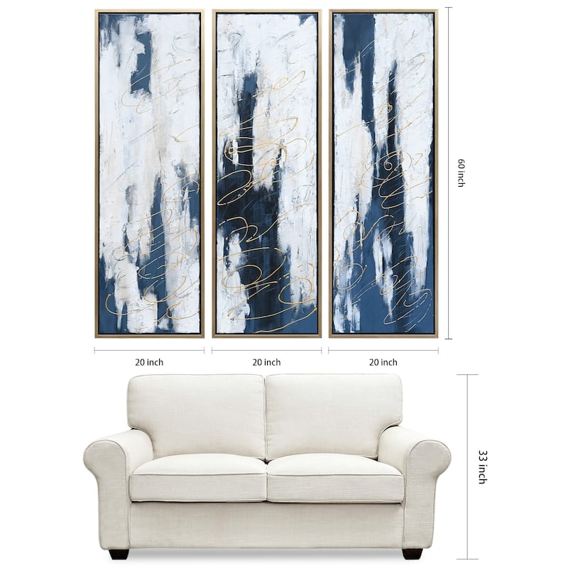 Blue Abstract Triptych Set Textured Metallic Hand Painted Wall Art