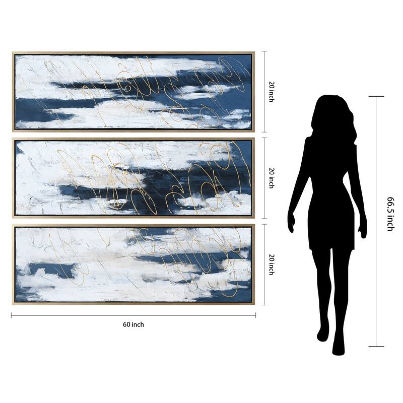 Blue Abstract Triptych Set Textured Metallic Hand Painted Wall Art