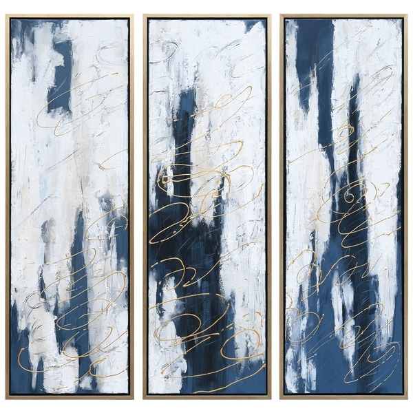 Blue Abstract Triptych Set Textured Metallic Hand Painted Wall Art