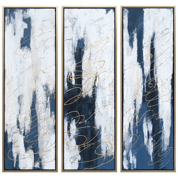 Blue Abstract Triptych Set Textured Metallic Hand Painted Wall Art